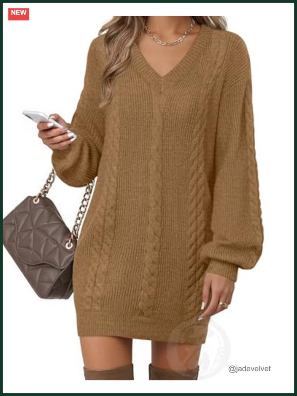 V Neck Lantern Sleeve Knit Mini Sweater Dress Casual Fall